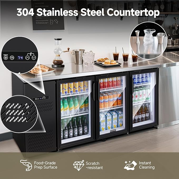 BODEGA BODEGACOOLER Commercial Bar Cooler with 3 Glass Doors, 20.5 Cu.Ft Back Bar Beverage Refrigerator for Beer Soda Wine,LED Lighting With Stainless Steel Top,Casters Kitchen Buffet Table Use