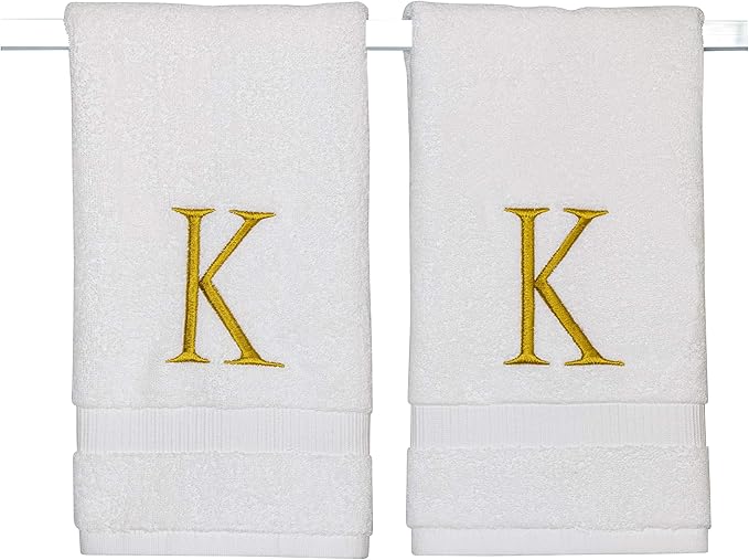Monogrammed Hand Towels for Bathroom - Luxury Hotel Quality Personalized Initial Decorative Embroidered Bath Towel for Powder Room, Spa - GOTS Organic Certified - Set of 2 Gold Letter K