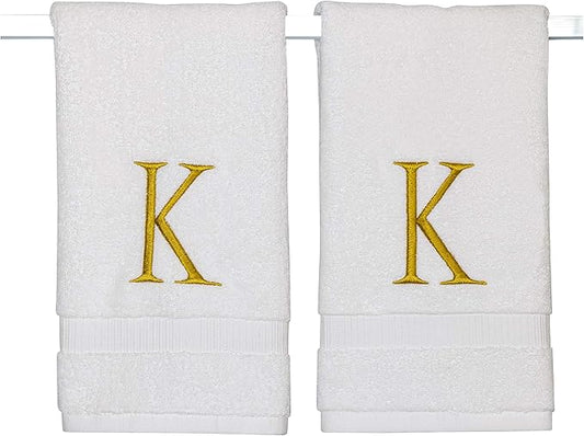 Monogrammed Hand Towels for Bathroom - Luxury Hotel Quality Personalized Initial Decorative Embroidered Bath Towel for Powder Room, Spa - GOTS Organic Certified - Set of 2 Gold Letter K