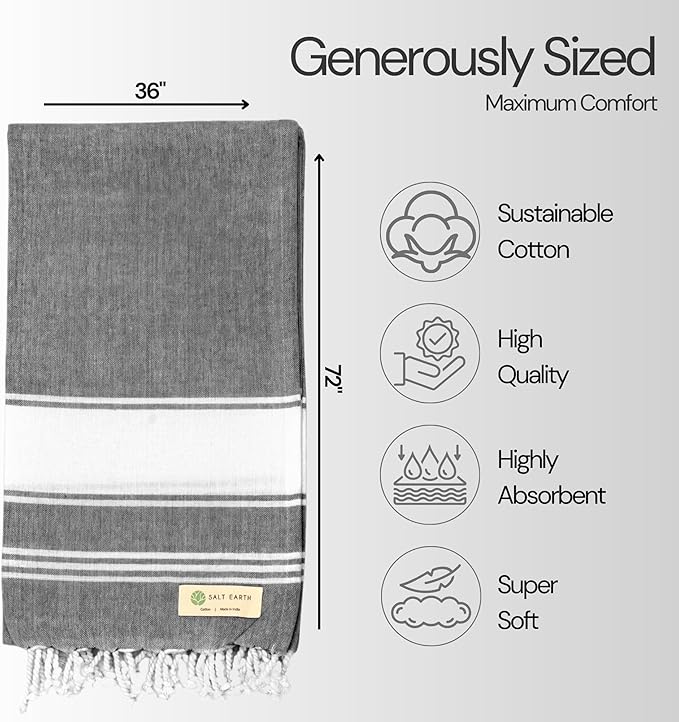 Salt Earth Cotton Turkish Beach Towel, Set of 4-36" X72" Large Bath Towels, Quick Dry Towel, Bathroom, Beach Essentials, Gym, Quick Dry for Shower, Lightweight Large Towels for All (Alloy)
