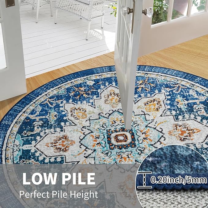 Easy-Going Round Area Rug 3ft Washable Boho Small Circle Rugs for Living Room Non-Slip Bedroom Rug Low Pile Lightweight Tangerine Vintage Throw Rug for Dining Room Kitchen Office, Floral Aqua Yellow