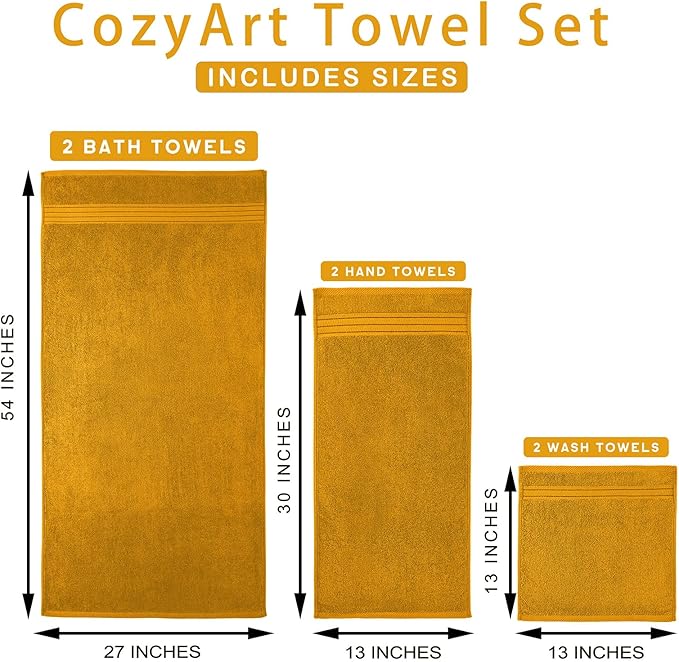 COZYART Gold Bath Towel Set 6pcs, Turkish Cotton Bathroom Towel Sets Soft Absorbent and Durable 650 GSM Luxury 6 Pcs with 2 Bath Towels, 2 Hand Towels, 2 Washcloth