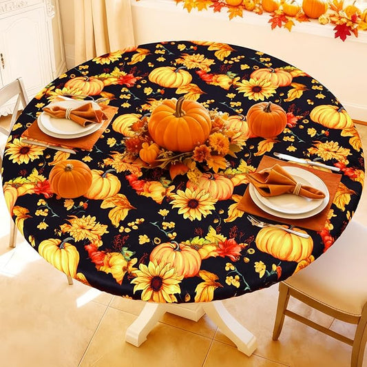 Round Spandex Thanksgiving Tablecloth, Elastic Fitted Waterproof Tablecloths for 45"-56" Tables, Stretch Washable Picnic Table Cover for Autumn Harvest Parties, Pumpkin Sunflower
