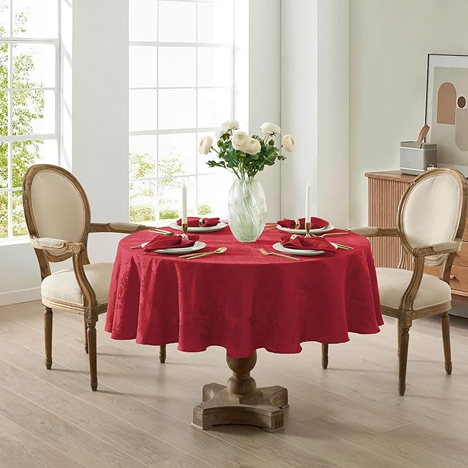 Newbridge Christmas Barcelona Damask Fabric Tablecloth, 90 Inch Round, Red – No Iron, Soil Resistant Table Cover for Dining, Parties and Holidays
