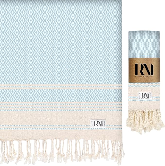 Refinery No. 1 Ottoman Diamond Weave Turkish Peshtemal Beach Bath Gym Yoga Towel 36” x 71”-Light Blue