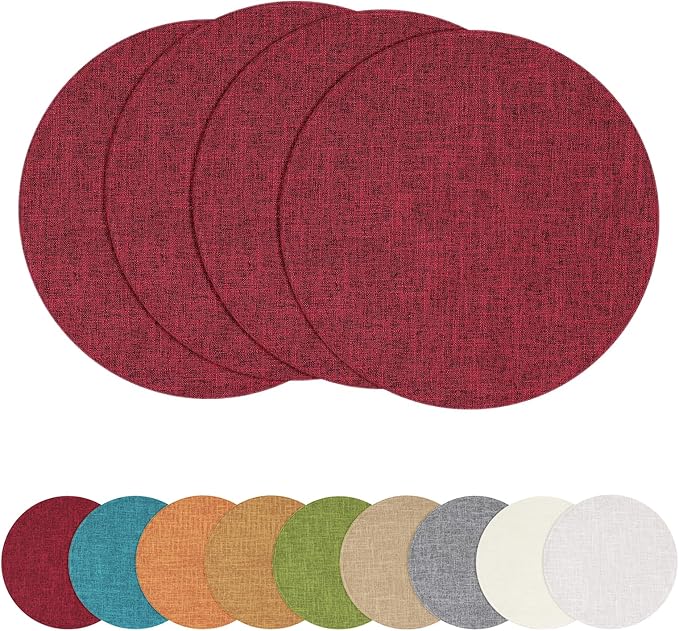 homing 15 Inch Round Cloth Placemats Set of 4, Cotton Linen Blend Washable Table Mats, Farmhouse Dining Place Mats for Indoors & Outdoors, Easy to Clean, Red