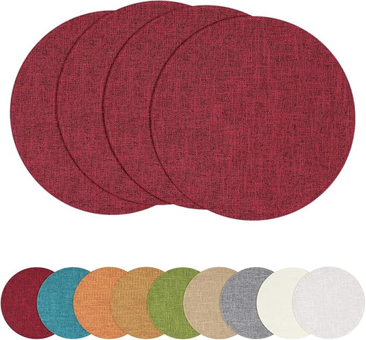 homing 15 Inch Round Cloth Placemats Set of 4, Cotton Linen Blend Washable Table Mats, Farmhouse Dining Place Mats for Indoors & Outdoors, Easy to Clean, Red