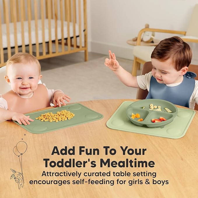 KeaBabies 2-Pack Silicone Placemats for Toddlers - 12x9 Non Slip Suction Baby Silicone Placemat for Kids Eating, Easy to Clean, Busy Travel Baby Mat for Dining Table, Food Grade/BPA-Free (Sage)
