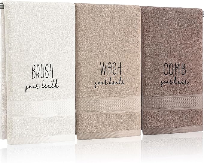3 Pcs Farmhouse Decorative Hand Towels for Bathroom and Kitchen Rustic Embroidered 100% Cotton Hand Towels Decorative Set for Boho Bathroom Decor (Brown, Brush Comb Wash)