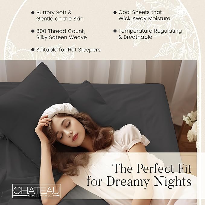 100% Cotton Sheets King Size Sheets Set with Fitted Sheet & Pillowcase Sets, Sateen Weave 4 piece Deep Pocket King Sheet Set, Soft & Comfy Naturally Cool Luxury Bedding- Charcoal