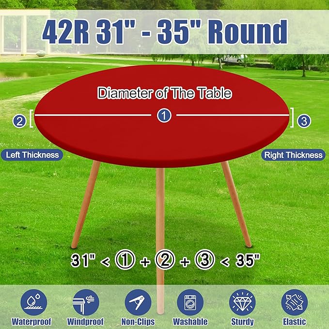 Round Spandex Christmas Tablecloth, Elastic Fitted Waterproof Tablecloths for 31"-35" Tables, Stretch Washable Picnic Table Cover for Camping, Dining, Indoor and Outdoor, Red