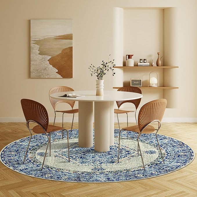 Easy-Going Round Rug 6ft Area Rug Washable Boho Circle Rugs for Living Room Non-Slip Bedroom Rug Low Pile Lightweight Medallion Distressed Throw Rug for Dining Room Kitchen Office, Vintage Blue Cream