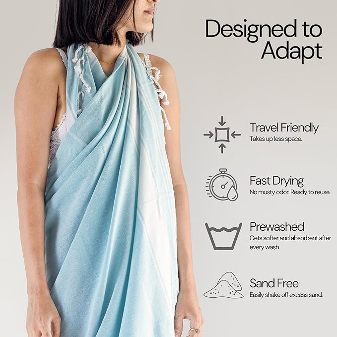 Salt Earth Cotton Turkish Beach Towel, Set of 2-36" X72" Large Bath Towels, Quick Dry Towel, Bathroom, Beach Essentials, Gym, Quick Dry for Shower, Lightweight Large Towels for All (Aqua)