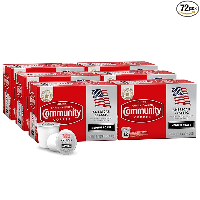 Community Coffee American Classic 72 Count Coffee Pods, Medium Roast, Compatible with Keurig 2.0 K-cup Brewers, 12 Count (Pack of 6)