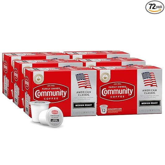 Community Coffee American Classic 72 Count Coffee Pods, Medium Roast, Compatible with Keurig 2.0 K-cup Brewers, 12 Count (Pack of 6)