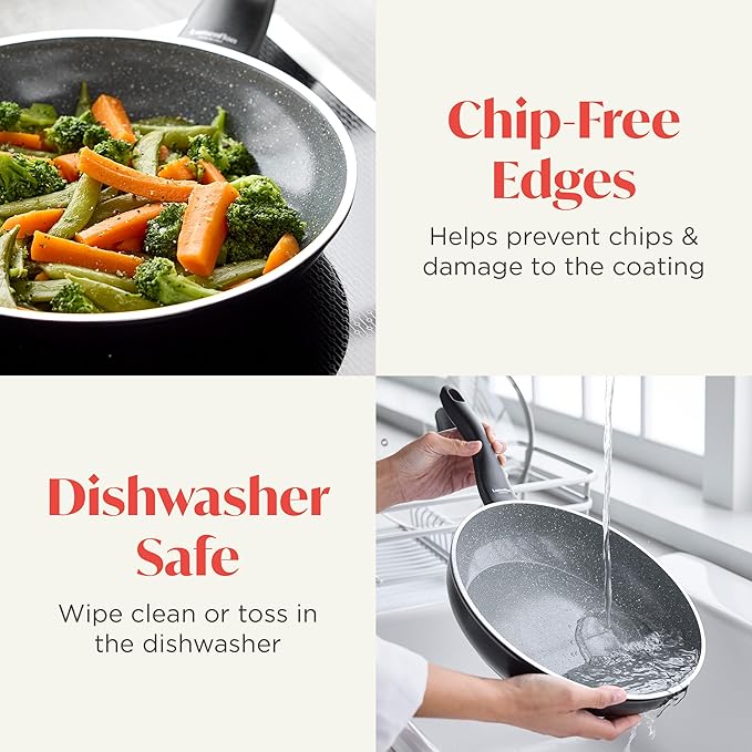 Rigoletto 8” Nonstick Frying Pan Skillet, Made in Italy, Layered Ceramic PFAS-Free Surface, Induction Ready, Dishwasher & Metal Utensil Safe, Granite Finish, Stay-Cool Handle, Black