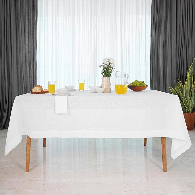 D'Moksha Homes White Linen Tablecloth 60 x 156 Inch - 100% Pure Linen Tablecloth for Rectangle Tables - Machine Washable Table Cloth for Winter, Holiday, New Year