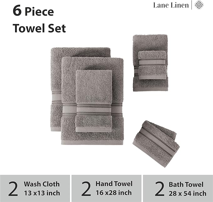 LANE LINEN Luxury Bath Towels Set - 6 Piece 100% Cotton Bathroom Quick Dry Shower Extra Aborbent Towel Super Soft 2 Hand Wash Cloths Space Grey