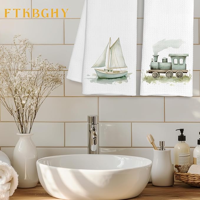 Sage Green Sailboat Steam Train Decorative Hand Towels Gifts, Kids Boys Bathroom Decor, Watercolor Transportation Decorative Dish Hand Tea Towels for Bathroom Kitchen, 16x24 Inch Set of 2