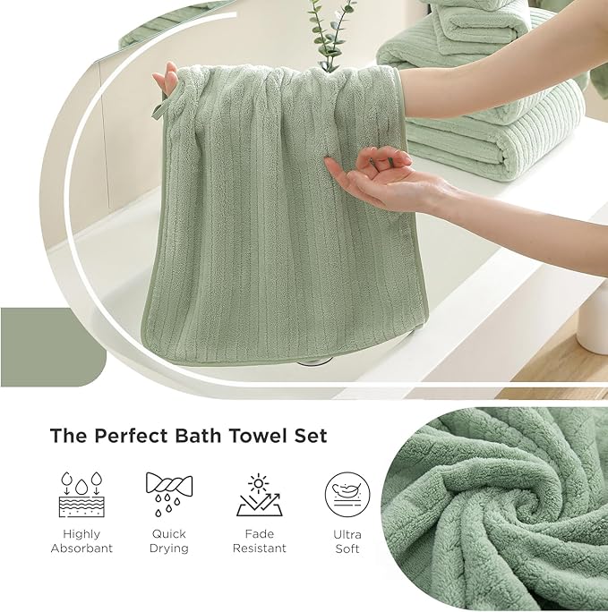 18 Piece Family Bath Towel Set Include 6 Bath Towels,6 Hand Towels and 6 Washcloths Soft Bathroom Towel with Hanging Loops,Highly Absorbent Quick Dry Towels Set for Bathroom,Hotel and Spa-Green