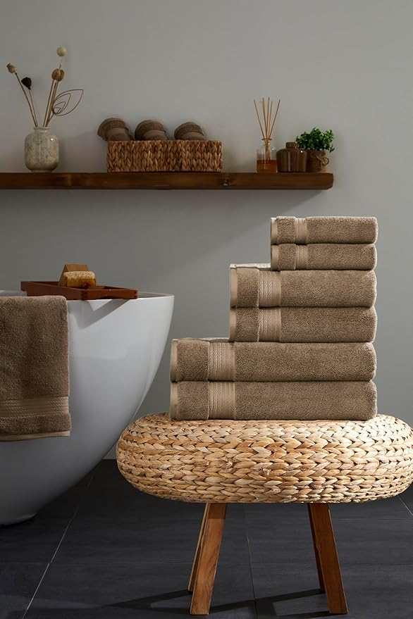 Ozdilek 6-Piece Bath Towel Set, 2 Bath, 2 Hand, 2 Wash, 100% Cotton Turkish Towels, 2 Bath Towels (30x60/550 GSM), 2 Hand Towels (16x30/575 GSM), 2 Washcloths (13x13/600 GSM) (Light Brown)