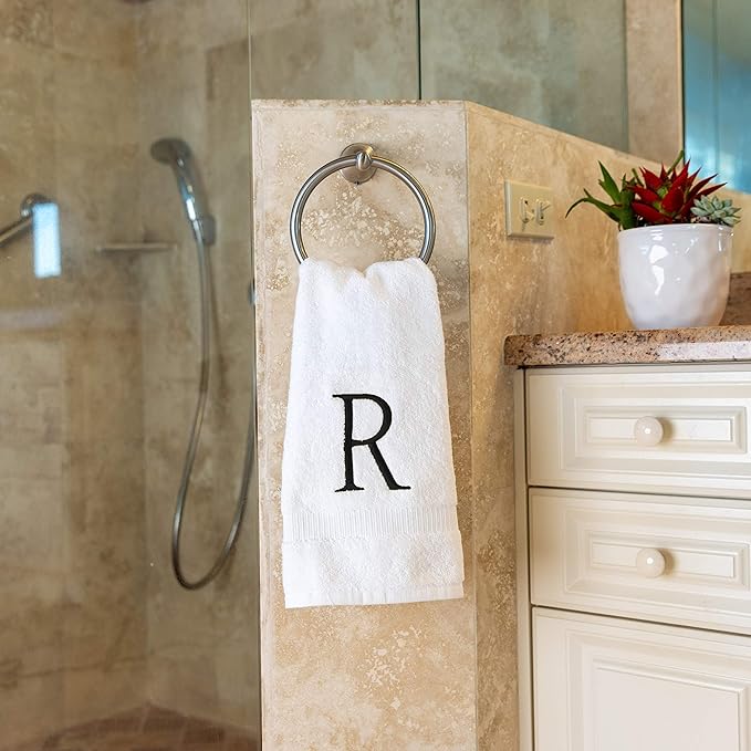 White and Black Monogrammed Hand Towel - Monogram Initial Hotel Quality Decorative Embroidered Luxury Towel for Powder Room, Spa - GOTS Organic Certified - Set of 2 Letter R