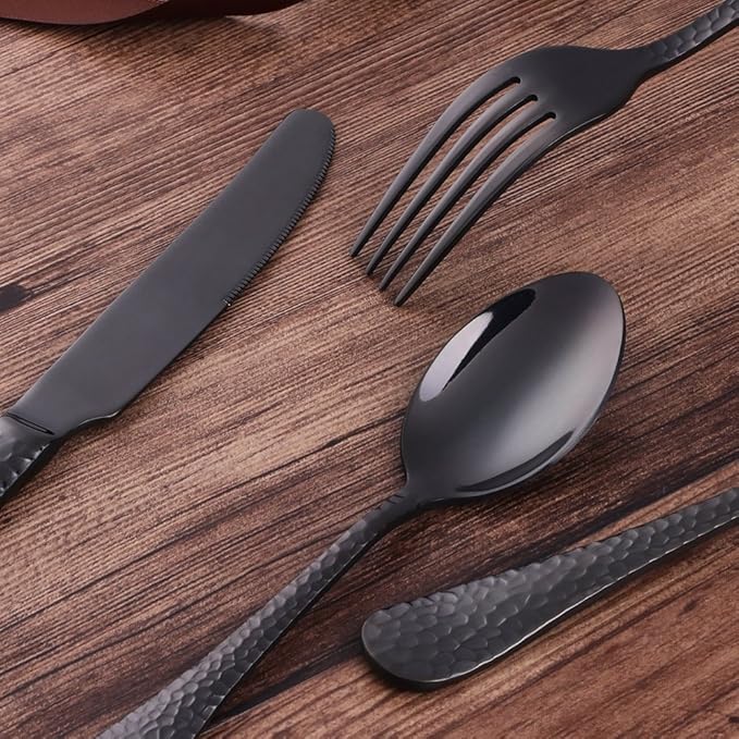 5-Piece Black Silverware Flatware Set Service for 1 Stainless Steel Cutlery Set Include Dinner Knife Table Fork Table Spoon Salad Fork Tea Spoon for Wedding, Dishwasher Safe