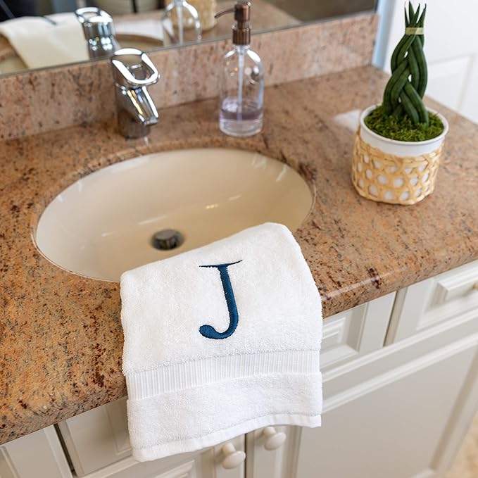 Monogrammed Hand Towels for Bathroom - Luxury Hotel Quality Personalized Initial Decorative Embroidered Bath Towel for Powder Room, Spa - GOTS Organic Certified - Set of 2 Navy Letter J