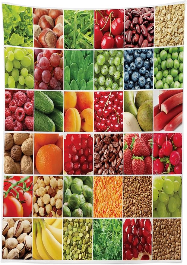 Ambesonne Colorful Tablecloth, Squares of Fruits and Vegetables Eating Ingredients Agriculture Food Art Print, Rectangular Table Cover for Dining Room Kitchen Decor, 52" X 70", Multicolor
