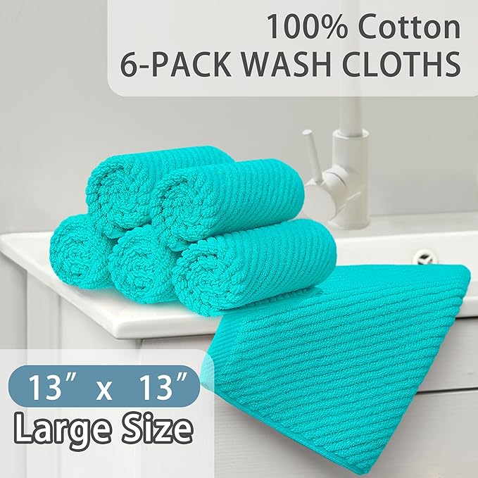 Turquoise Washcloths (6PC, 13"x13") - 100% Cotton | Lightweight | Thick | Quick Dry | Soft | Absorbent, Luxury Towels for Face, Fluffy Wash Cloths for Bathroom, Towel Gift Set, Turquoise