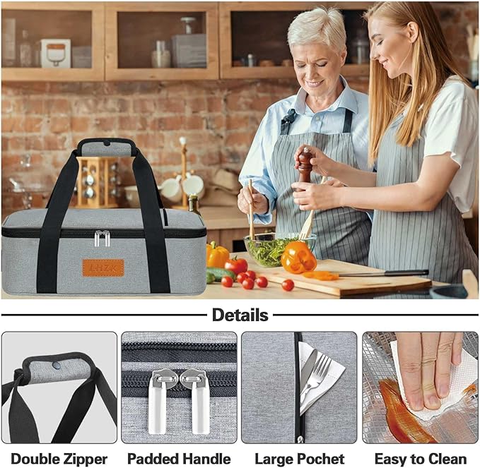 LHZK Insulated Casserole Carriers for Hot or Cold Food, Lasagna Holder Tote for Potluck Parties, Beach, Picnic, Travel, Fits 11x15 or 9x13 Dish (Grey)