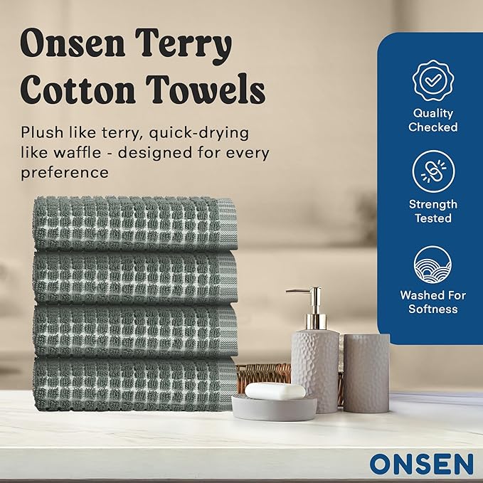 ONSEN Terry Cotton Waffle Face Towel Set – 4 Pack Luxury Cotton Face Towels, Quick Dry & Absorbent Washcloths – Soft, Lightweight, Durable Bathroom Towels for Everyday Use (Spruce, 12x12 in)