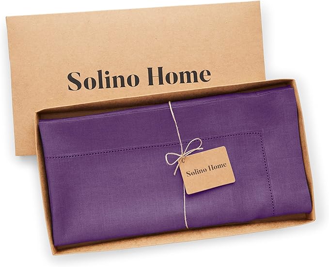 Solino Home Square Linen Tablecloth 52 x 52 Inch - 100% Pure Linen Purple Table Throw - Classic Hemstitch, Machine Washable Table Cloth for Valentines, New Year