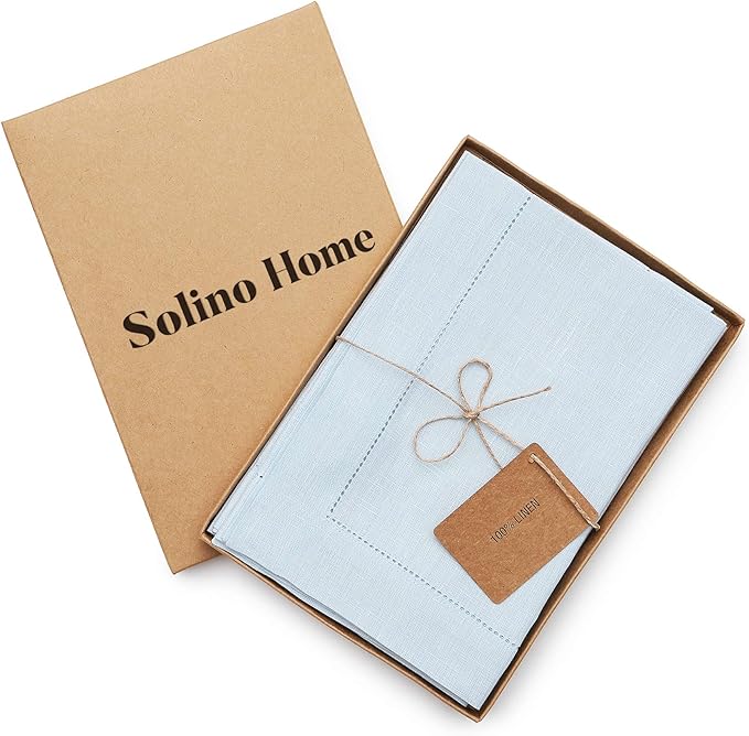 Solino Home Light Blue Linen Napkins Set of 4-100% Pure Linen Hemstitch Dinner Napkins 20 x 20 Inch for Winter, New Year - Classic Hemstitch