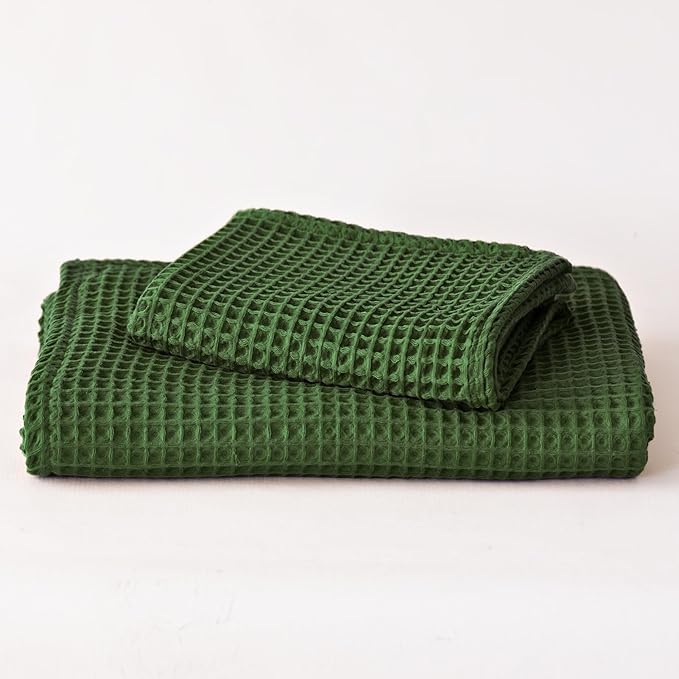 2-Piece Waffle Towels Set for Bathroom Dark Green - Soft 100% Turkish Cotton Quick-Dry Lint-Free Waffle Weave Thin Bath and Hand Towels (Dark Green, Set of 2 Mix Towels)