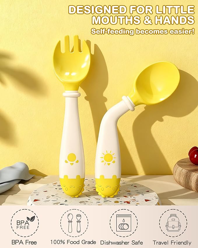 Deejoy Toddler Utensils with Travel Safe Case, Silicone Baby Spoons and Fork Set for Self Feeding, Toddlers Feeding Training Spoon, Easy Grip Heat-Resistant, Bendable Function (2 Sets, Yellow+Blue)