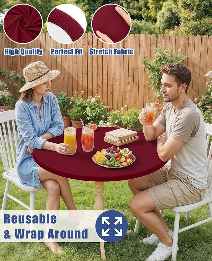 Round Spandex Tablecloth, Elastic Fitted Waterproof Tablecloths for 36"-44" Tables, Stretch Washable Picnic Table Cover for Camping, Dining, Indoor and Outdoor, Wine Red