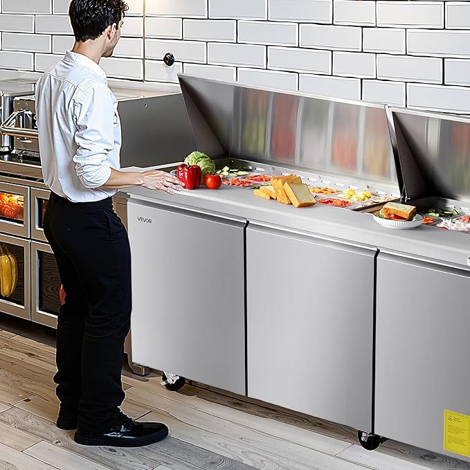VEVOR 72"W Commercial Refrigerator, 18.7 Cu. Ft Sandwich Prep Refrigerated Table, Mega Top Food Prep Fridge with 30 Pans and Cutting Board, Stainless Steel Salad Prep Cooler for Restaurant, Food Truck