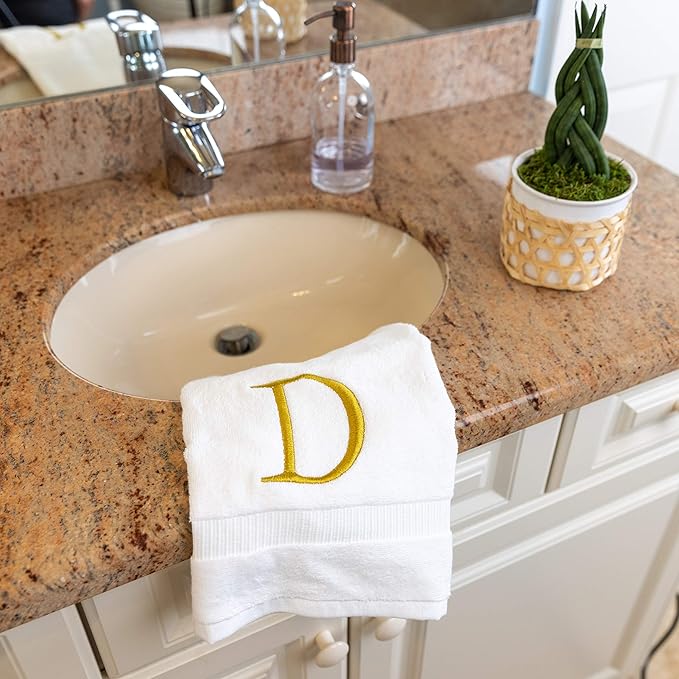 Monogrammed Hand Towels for Bathroom - Luxury Hotel Quality Personalized Initial Decorative Embroidered Bath Towel for Powder Room, Spa - GOTS Organic Certified - Set of 2 Gold Letter D