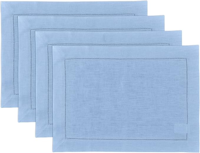 Solino Home Linen Cloth Placemats Set of 4-100% Pure Linen Hemstitch Cornflower Blue Placemats 14 x 19 Inch - Classic Hemstitch Table Place Mats for Holiday, New Year