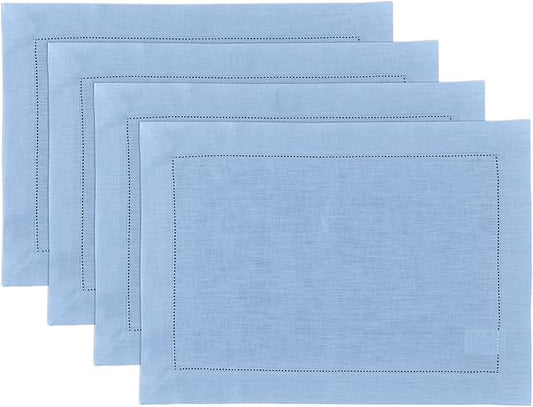 Solino Home Linen Cloth Placemats Set of 4-100% Pure Linen Hemstitch Cornflower Blue Placemats 14 x 19 Inch - Classic Hemstitch Table Place Mats for Holiday, New Year