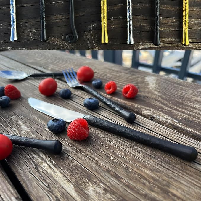 Forged 20-Piece Matte Black Silverware Set, 18/10 Stainless Steel Flatware Service for 4, Rustic Black Flatware, Spoons Forks Set Home Kitchen Restaurant Housewarming, Dishwasher Safe