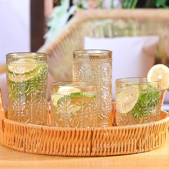 6 Pack Amber Glassware Set, 10oz Vintage Drinking Glasses, Colored Water Glasses, Amber Embossed Glass Cups for Party Wedding Home Office Gift