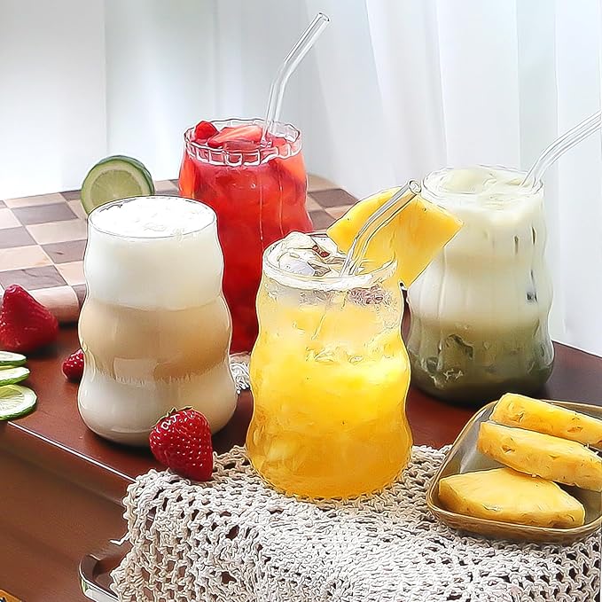 4 Pcs Ribbed Glass Cups, Vintage Drinking Glassware with Glass Straw 18 Oz Bubble Iced Coffee Cup for Juice, Tea, Beverage, Milk, Beer, Cocktails Ideal for Gift