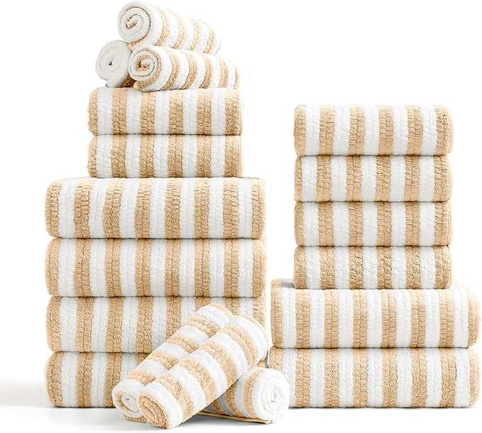 18-Piece Microfiber Bath Towels Set - 6 Bath Sheet, 6 Hand Towels, 6 Washcloths, Soft, Highly Absorbent Bathroom Towel, Quick Dry & Less Lint Shower towel for Bathroom, Hotel, Spa, Dorm-Apricot Yellow
