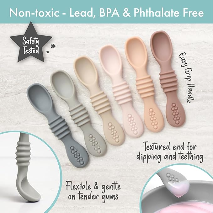 PrimaStella Silicone Chew Spoon 6-Piece Set | First Stage Feeding Spoons | Baby Led Weaning Supplies | BPA Free | Dishwasher and Boil Safe | Neutral Palette