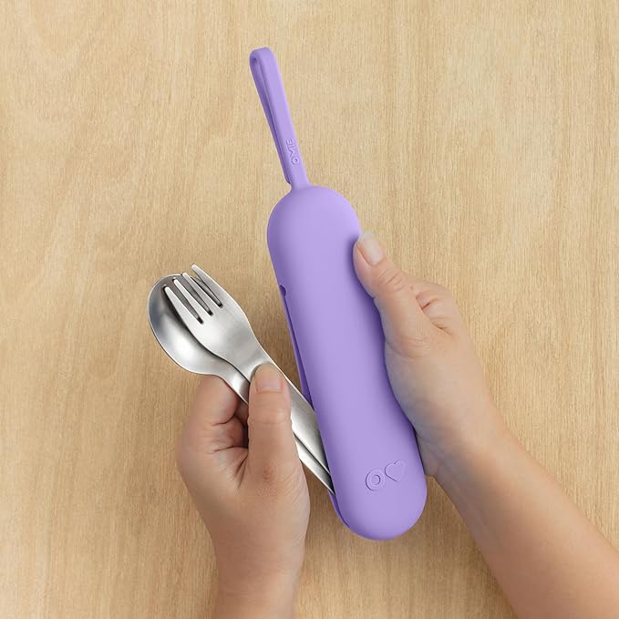Omie OmieBox Travel Utensil Set | Fork and Spoon with Case for Easy Travel | Stainless Steel Fork and Spoon (Purple)