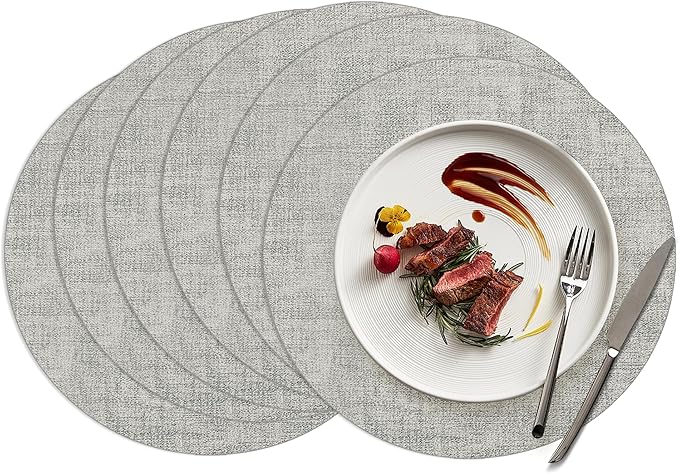 15 inch Faux Leather Round Placemats Set of 6 Non-Slip Washable Wipeable Table Mats, Heat Resistant Waterproof Oilproof Grey Place Mats for Kitchen, Dining, Party, Indoor, Outdoor