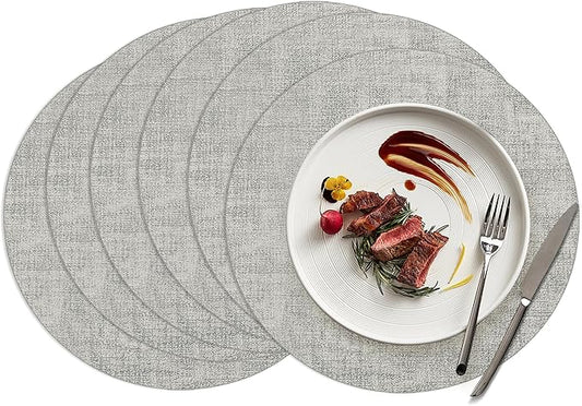 15 inch Faux Leather Round Placemats Set of 6 Non-Slip Washable Wipeable Table Mats, Heat Resistant Waterproof Oilproof Grey Place Mats for Kitchen, Dining, Party, Indoor, Outdoor