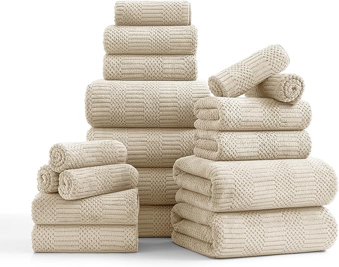 18 Pcs Camel Woven Family Towels Set-6 Bath Sheets,6 Hand Towels,6 Washcloths Soft Polyester Towels Absorbent Shower Towel Quick Dry Beach Chair Towel Lint Less Towels Set for Bathroom Spa Gym Hotel